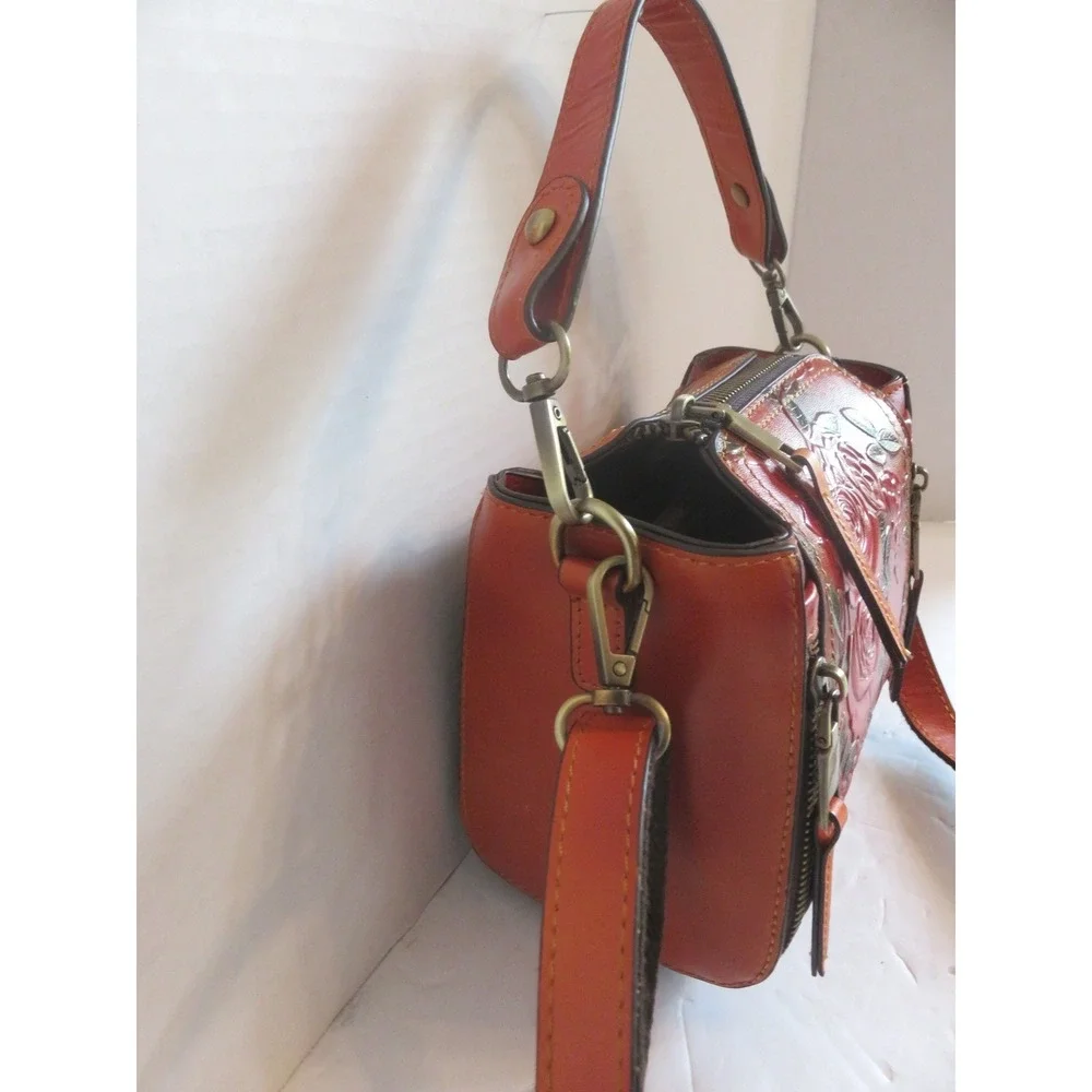 Vintage Style Orange Embossed‎ Floral Rose PU Leather Crossbody Handbag Purse